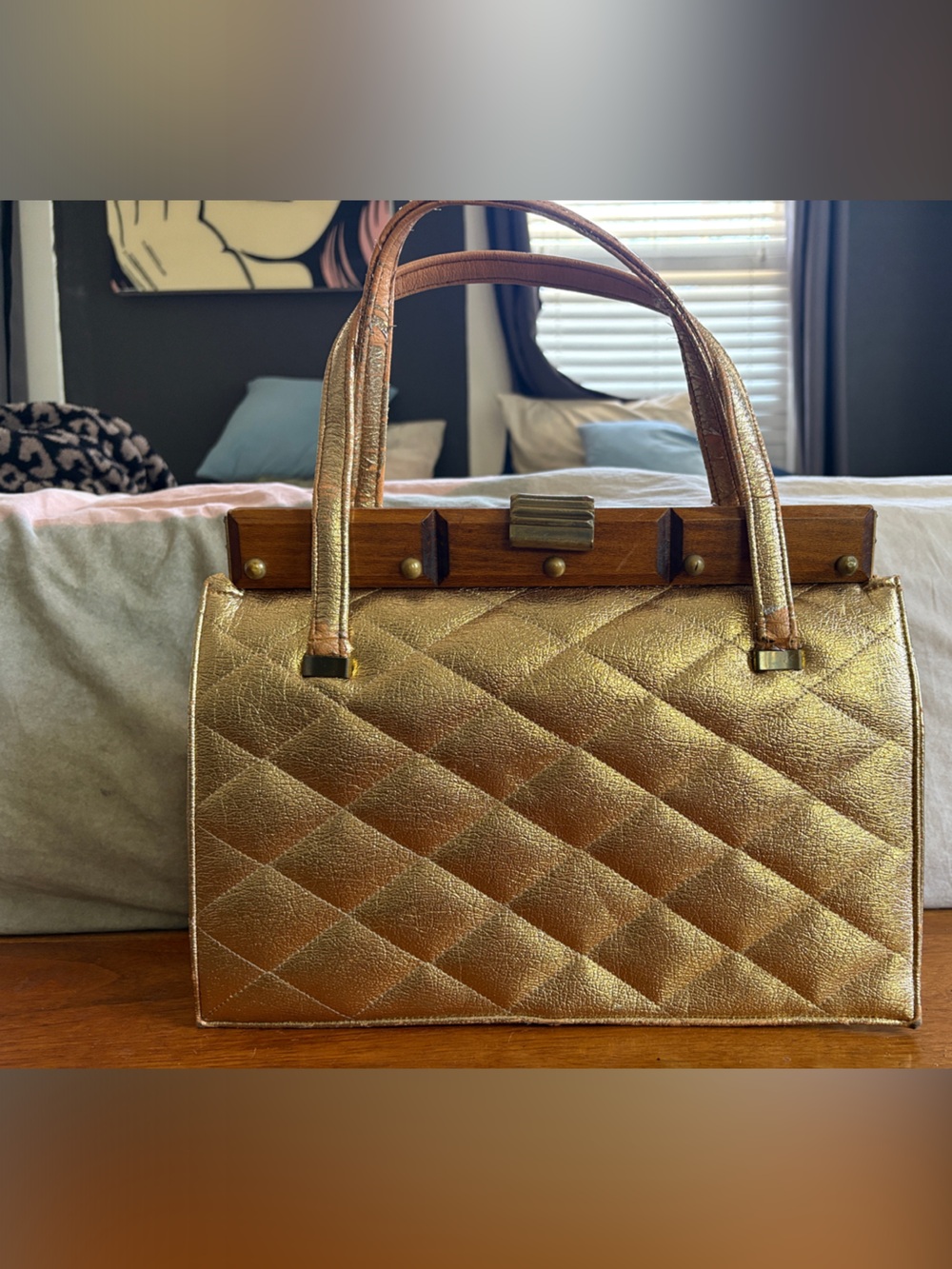 Gold Vintage Quilted Tote Bag with Wood Accents
